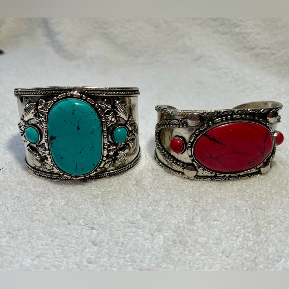 Set of 2 adjustable Silver Cuff Bracelets w/ blue and red faux turquoise stones